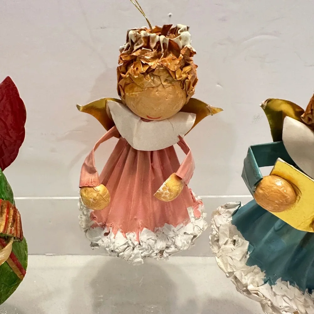 Vintage Paper Mache Angel Ornaments Set of 4 Christmas‎ Mid Century Taiwan MCM